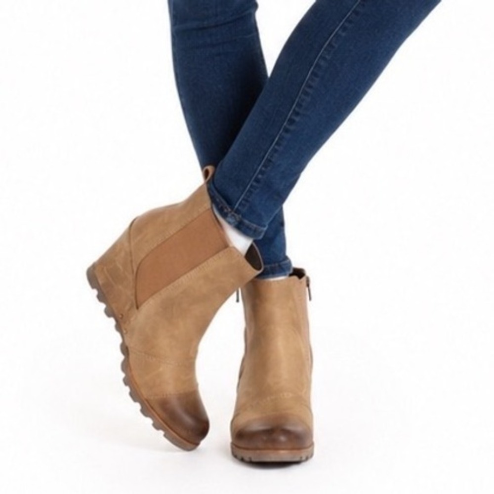 Sorel Lea Wedge Boots Elk Curry Leather Chelsea Ankle Booties 11 Chic New 43-04